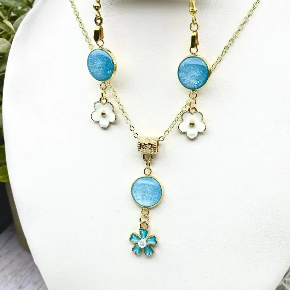Gold Tone Blue Enamel Floral Jewelry Set Necklace & Dangle Earrings Matching Set